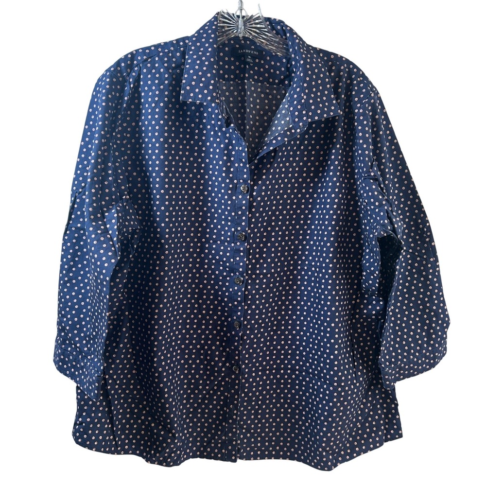 Lands End Womens Navy Pink Polka Dot Supima Cotton 3/4 Sleeve Button Shirt 18